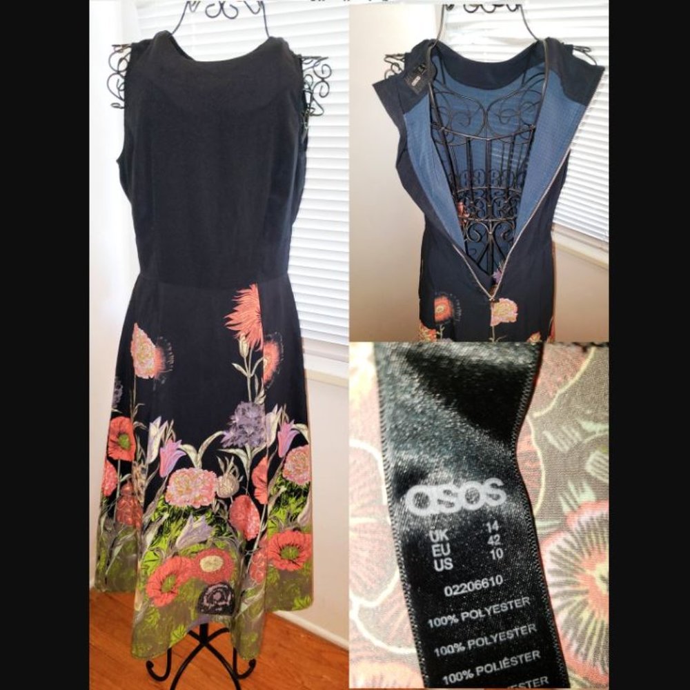 SOLD Asos Black Tulip Floral Border Print Fit & Flair Midi Day Dress 6 M